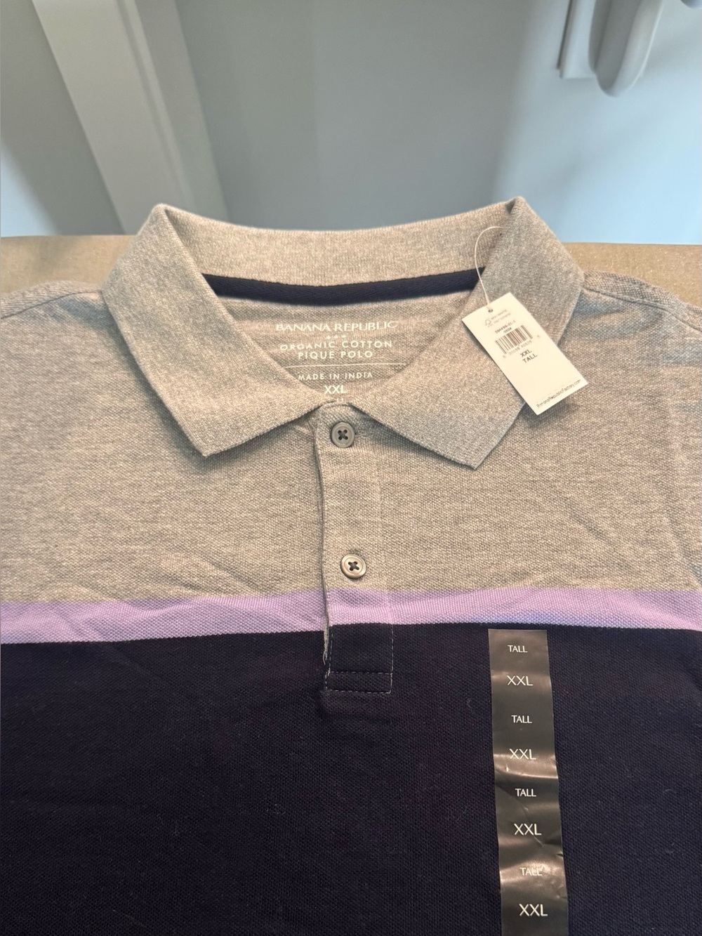 Banana Republic Gray, Navy & Lavender Striped Cotton Polo